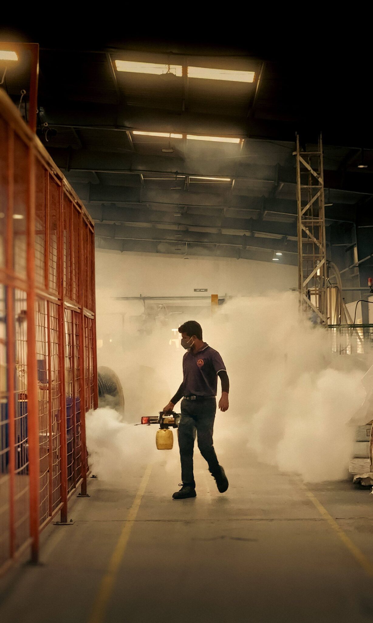 Commercial pest control technician performing warehouse pest management treatment in Singapore